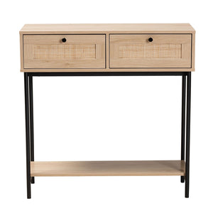 Baxton Studio Sherwin Mid-Century Modern Light Brown And Black 2-Drawer Console Table With Woven Rattan Accent