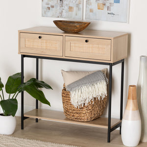 Baxton Studio Sherwin Mid-Century Modern Light Brown And Black 2-Drawer Console Table With Woven Rattan Accent