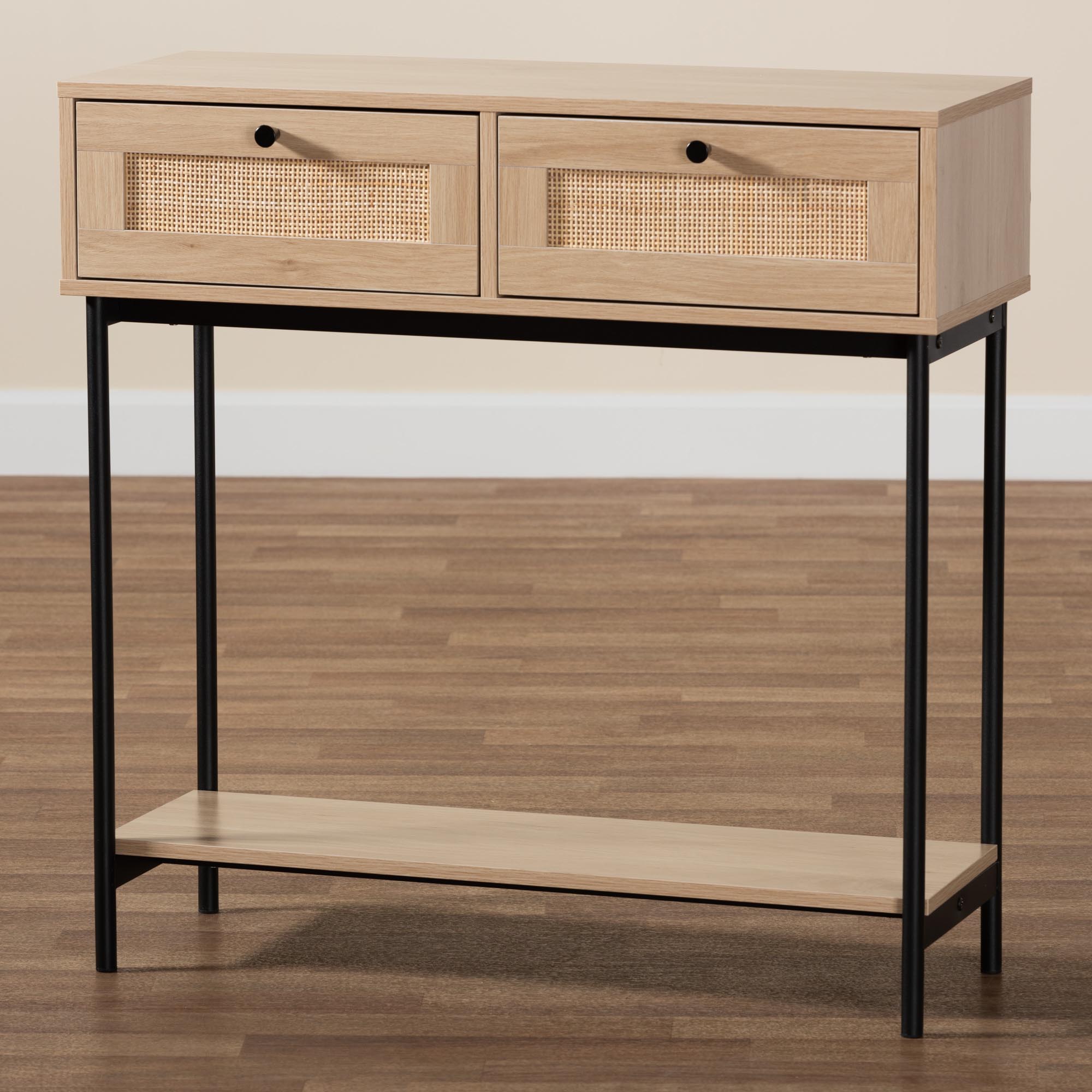 Baxton Studio Sherwin Mid-Century Modern Light Brown And Black 2-Drawer Console Table With Woven Rattan Accent