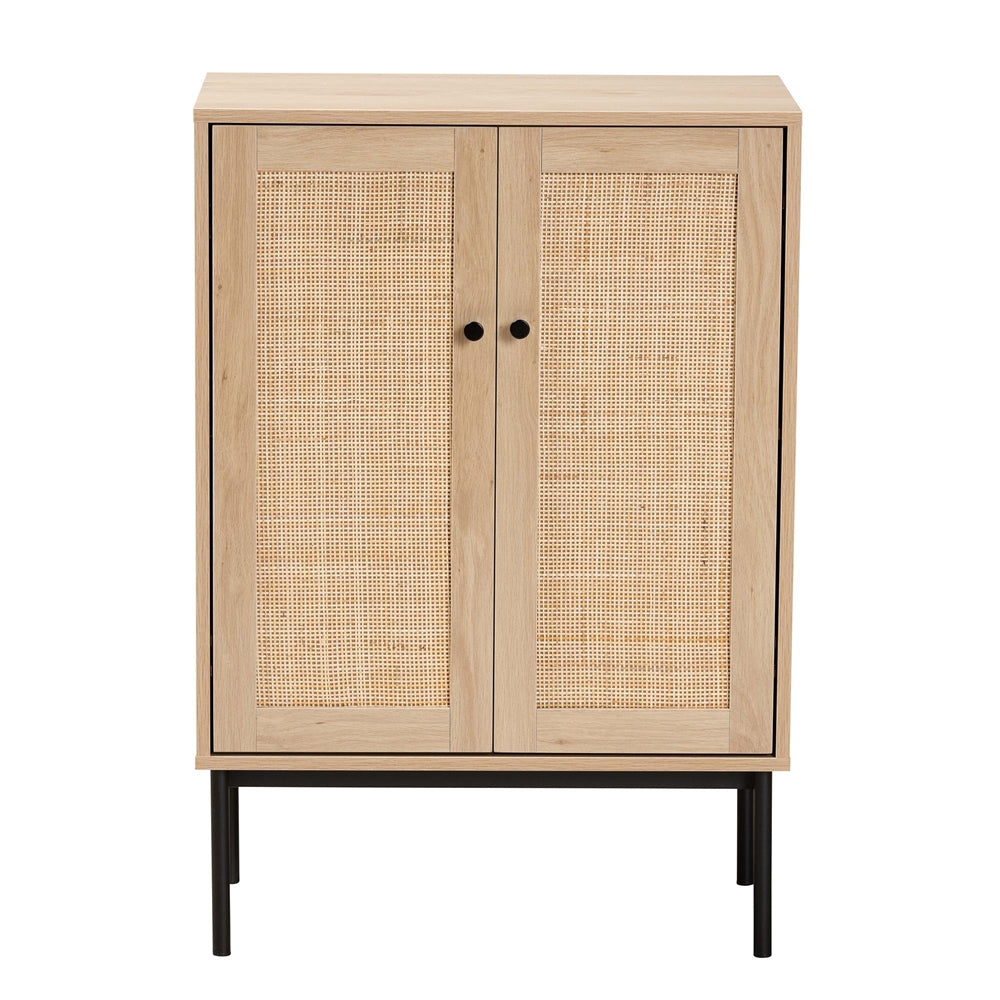 Baxton Studio Sherwin Mid-Century Modern Light Brown And Black 2-Door Storage Cabinet With Woven Rattan Accent