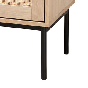 Baxton Studio Sherwin Mid-Century Modern Light Brown And Black 2-Door Storage Cabinet With Woven Rattan Accent