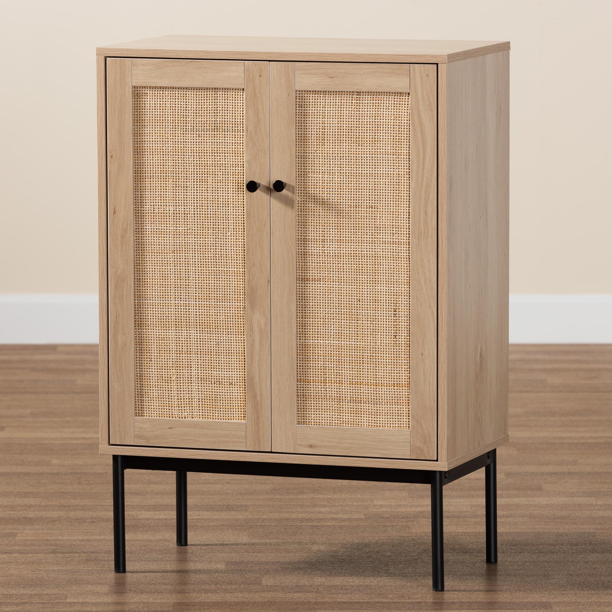 Baxton Studio Sherwin Mid-Century Modern Light Brown And Black 2-Door Storage Cabinet With Woven Rattan Accent