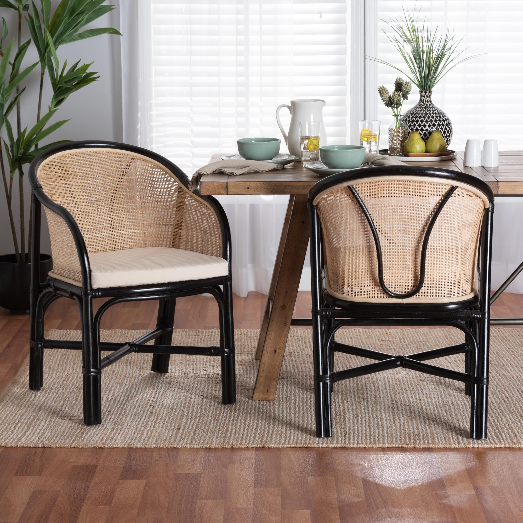 Baxton Studio Miranda Modern Bohemian Two-Tone Black And Natural Brown Rattan 2-Piece Dining Chair Set