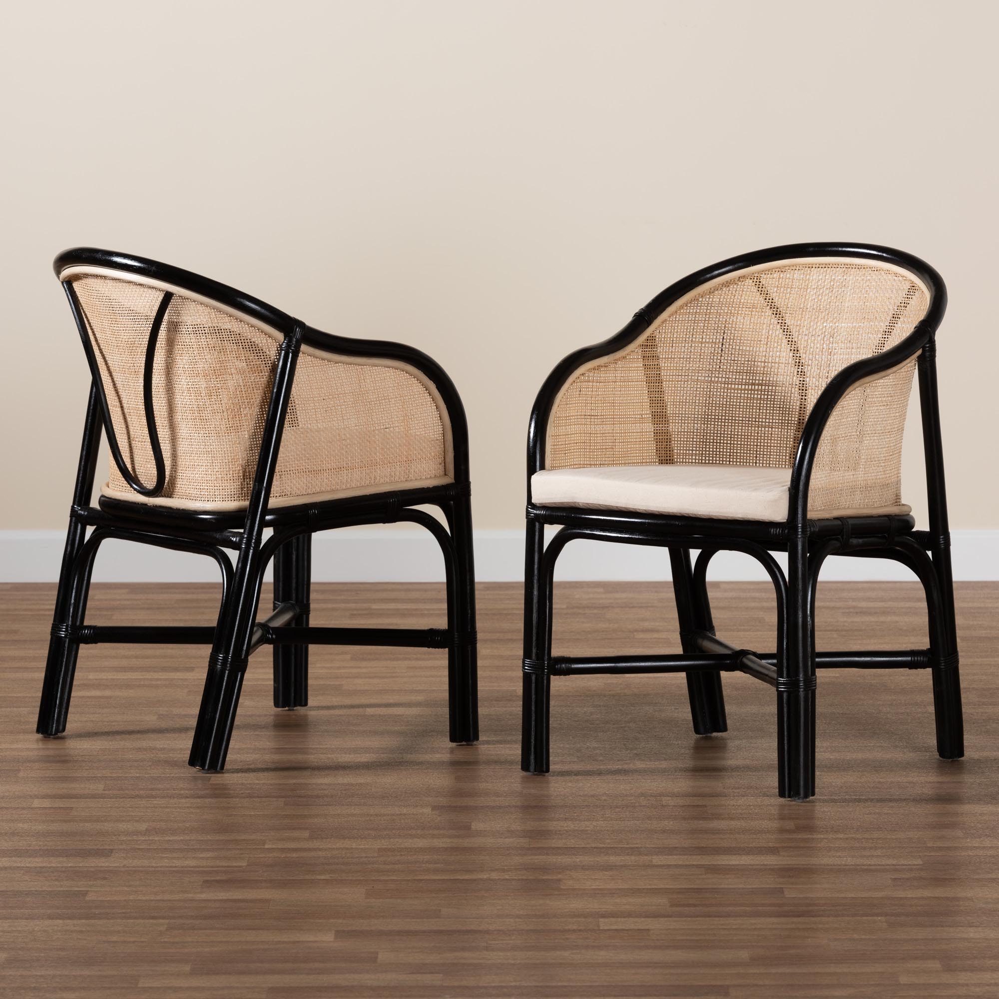 Baxton Studio Miranda Modern Bohemian Two-Tone Black And Natural Brown Rattan 2-Piece Dining Chair Set