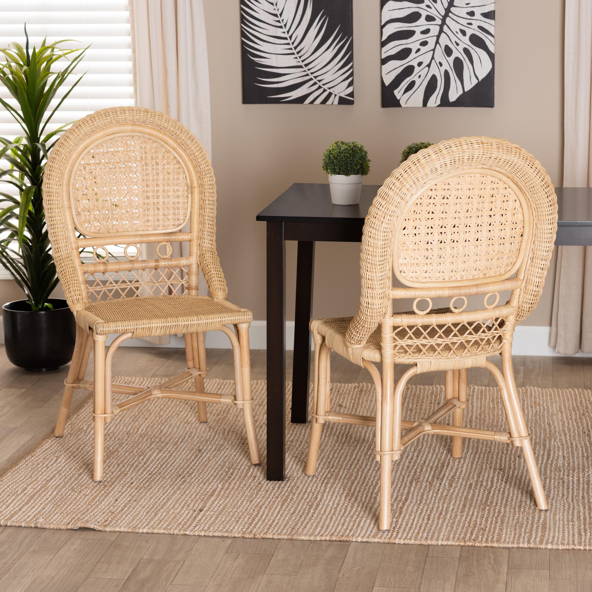 Baxton Studio Jelita Modern Bohemian Natural Brown Rattan 2-Piece Dining Chair Set