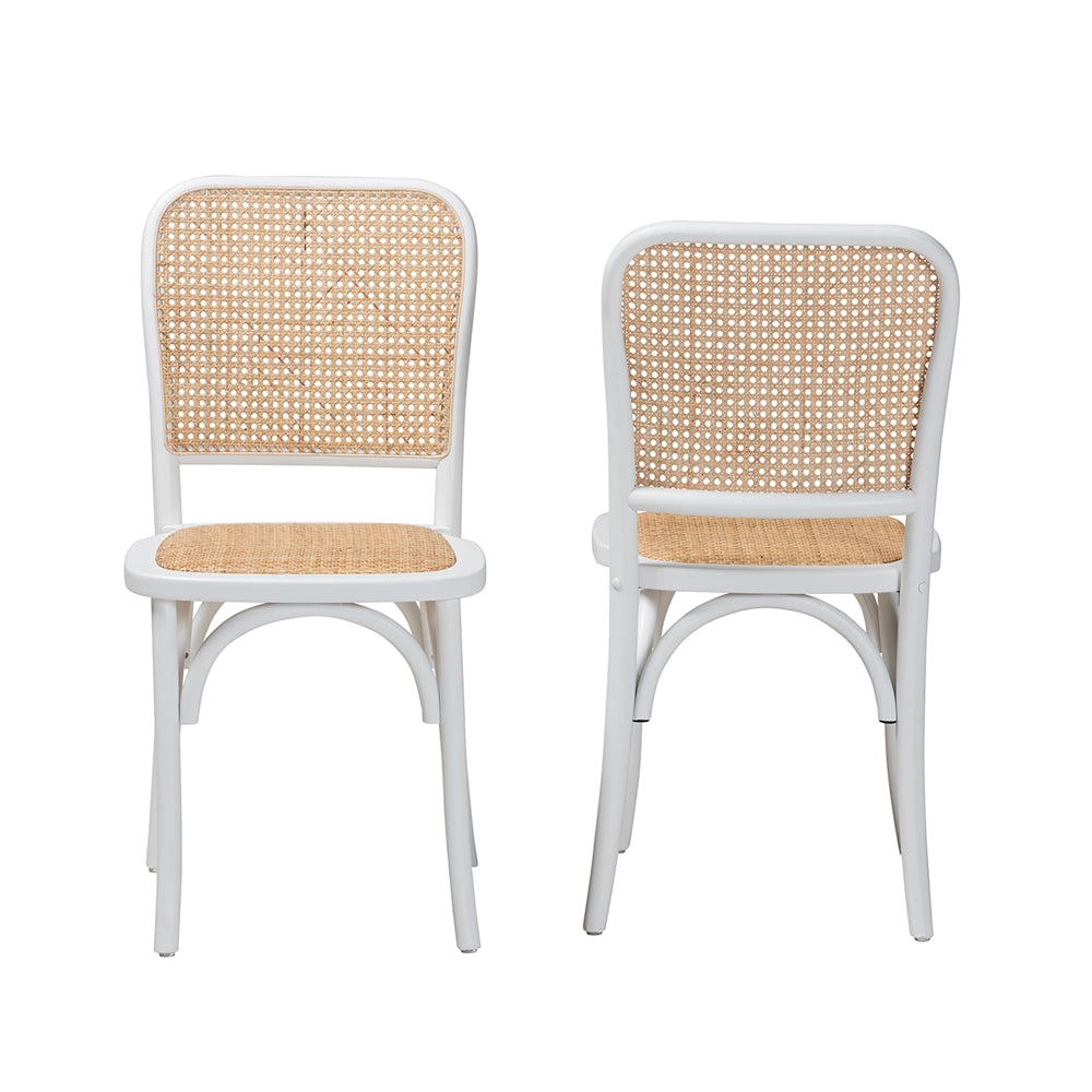 Baxton Studio Neah Japandi White Wood And Natural Rattan 2-Piece Dining Chair Set