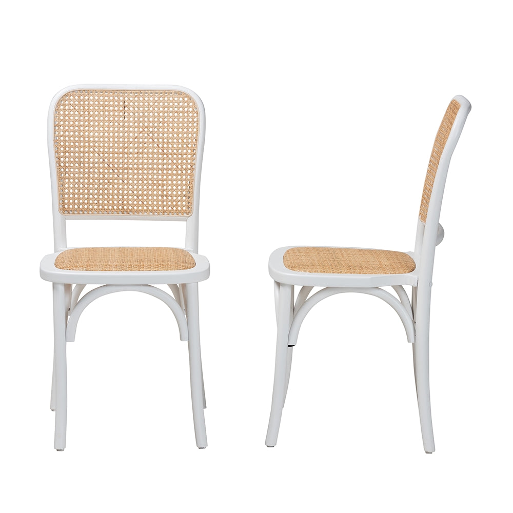 Baxton Studio Neah Japandi White Wood And Natural Rattan 2-Piece Dining Chair Set