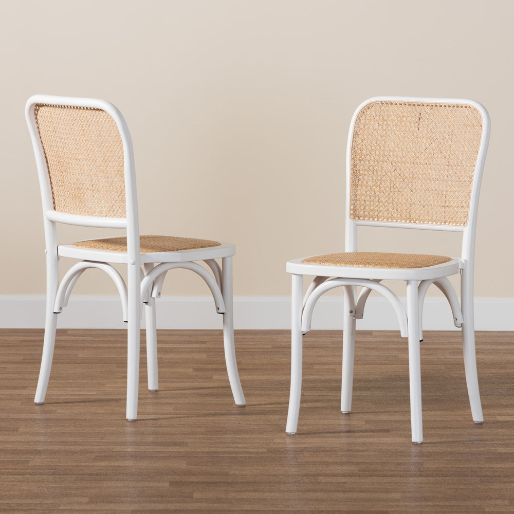 Baxton Studio Neah Japandi White Wood And Natural Rattan 2-Piece Dining Chair Set