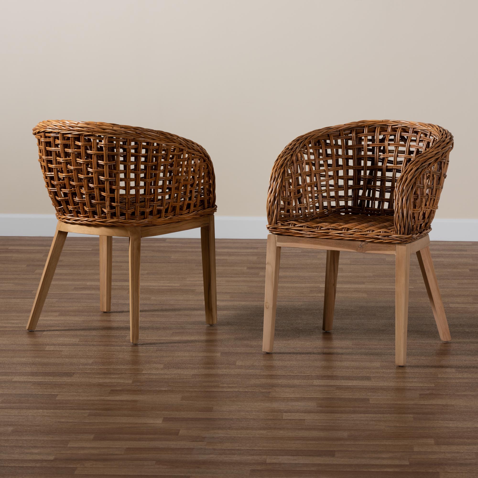 Baxton Studio Mario Modern Bohemian Natural Brown Finished Teak Wood And Rattan 2-Piece Dining Chair Set