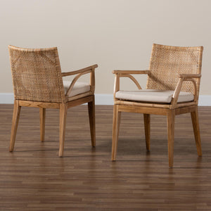 Baxton Studio Storsel Modern Bohemian Natural Brown Finished Teak Wood And Rattan 2-Piece Dining Chair Set