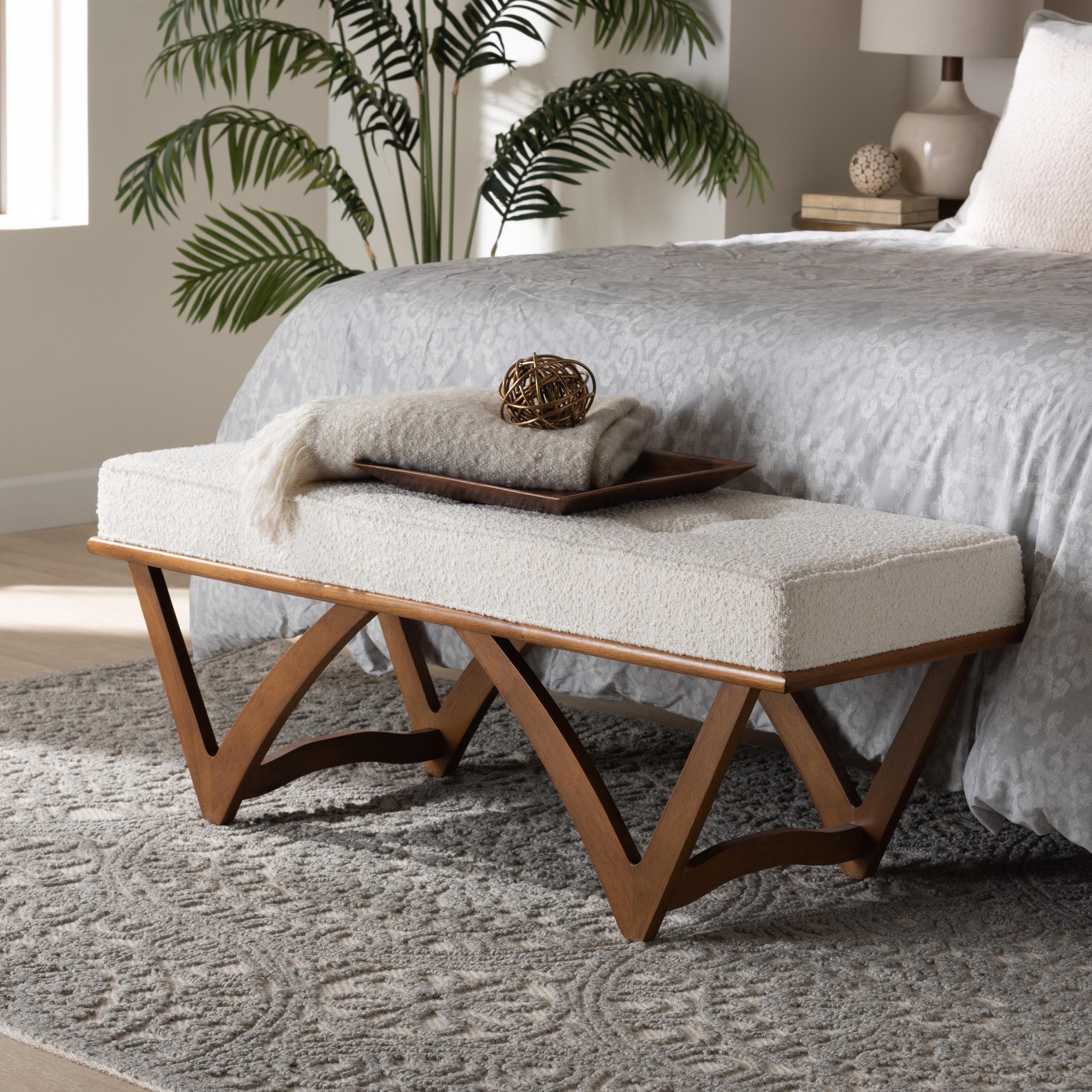 Baxton Studio Chenoa Japandi Cream Boucle Fabric And Walnut Brown Finished Wood Bench