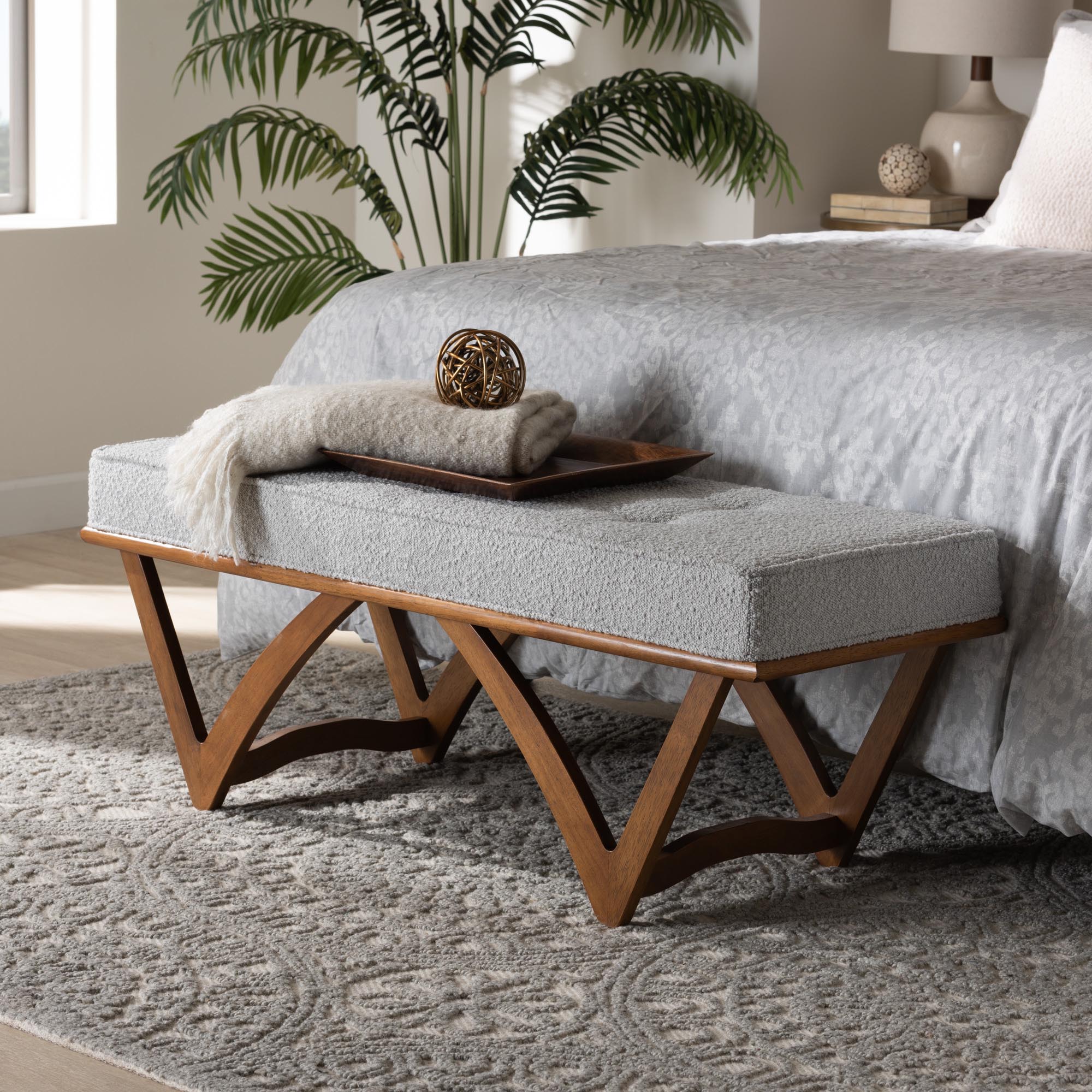 Baxton Studio Chenoa Japandi Light Grey Boucle Fabric And Walnut Brown Finished Wood Bench