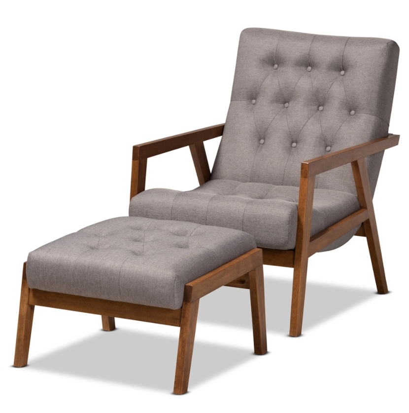 Baxton Studio Naeva Mid-Century Modern Fabric Upholstered Walnut Finished Wood 2-Piece Armchair and Footstool Set