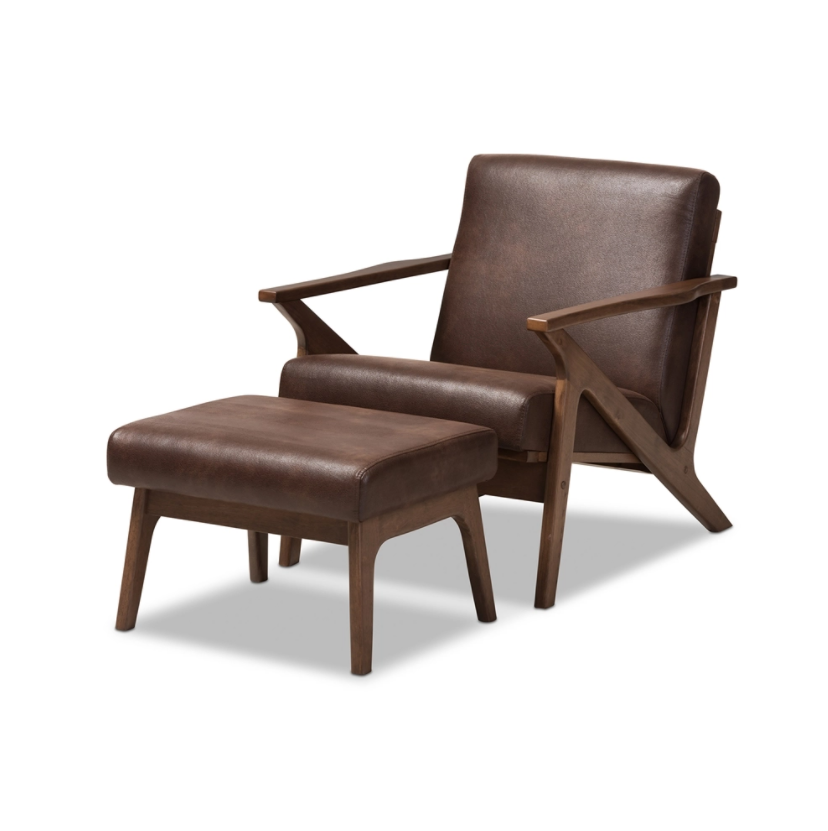 Baxton Studio Bianca Mid-Century Modern Walnut Wood Distressed Faux Leather Lounge Chair And Ottoman Set