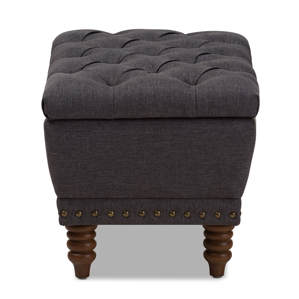 Baxton Studio Annabelle Modern And Contemporary Dark Grey Fabric Upholstered Walnut Wood Finished Button-Tufted Storage Ottoman