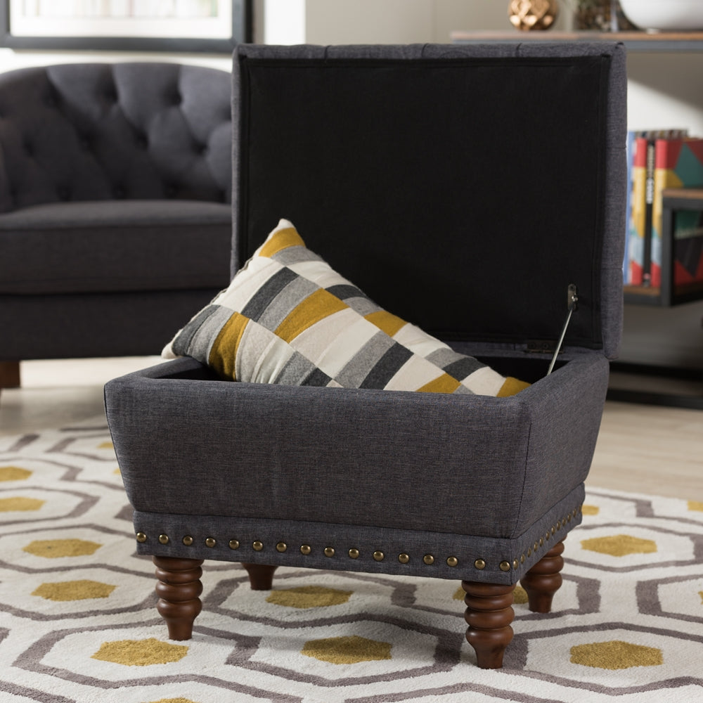 Baxton Studio Annabelle Modern And Contemporary Dark Grey Fabric Upholstered Walnut Wood Finished Button-Tufted Storage Ottoman