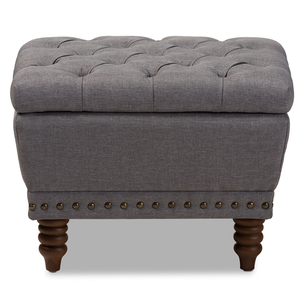 Baxton Studio Annabelle Modern And Contemporary Light Grey Fabric Upholstered Walnut Wood Finished Button-Tufted Storage Ottoman