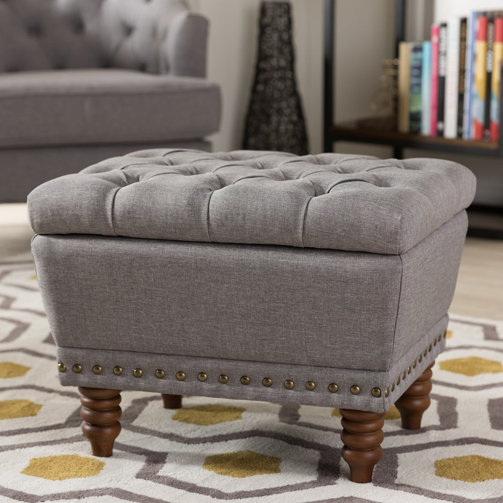 Baxton Studio Annabelle Modern And Contemporary Light Grey Fabric Upholstered Walnut Wood Finished Button-Tufted Storage Ottoman