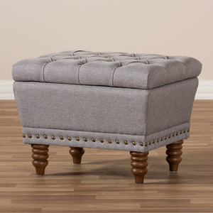 Baxton Studio Annabelle Modern And Contemporary Light Grey Fabric Upholstered Walnut Wood Finished Button-Tufted Storage Ottoman