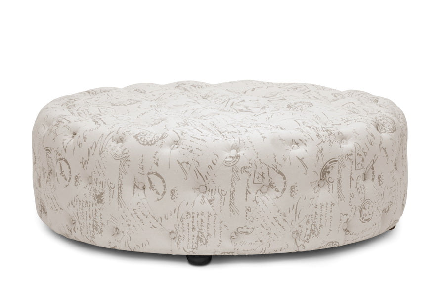 BAXTON STUDIO CARDIFF BEIGE SCRIPT PRINT MODERN TUFTED OTTOMAN