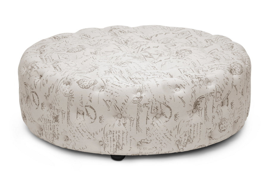 Baxton Studio Cardiff Beige Script Print Modern Tufted Ottoman