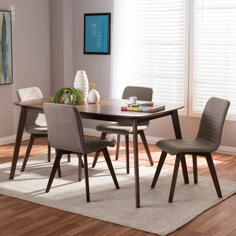 Baxton Studio Sugar Mid-Century Modern Light Grey Fabric Upholstered Walnut Wood Finished 5-Piece Dining Set