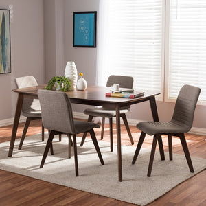 Baxton Studio Sugar Mid-Century Modern Light Grey Fabric Upholstered Walnut Wood Finished 5-Piece Dining Set