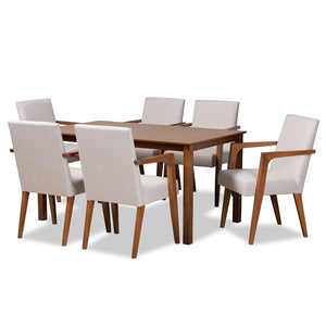 Baxton Studio Glenda Mid-Century Modern Greyish Beige Fabric Upholstered And Walnut Brown Finished Wood 7-Piece Dining Set