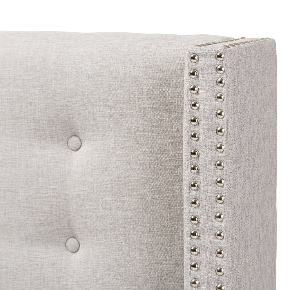 BAXTON STUDIO GINARO MODERN AND CONTEMPORARY GREYISH BEIGE FABRIC BUTTON-TUFTED NAIL HEAD QUEEN SIZE WINGED HEADBOARD