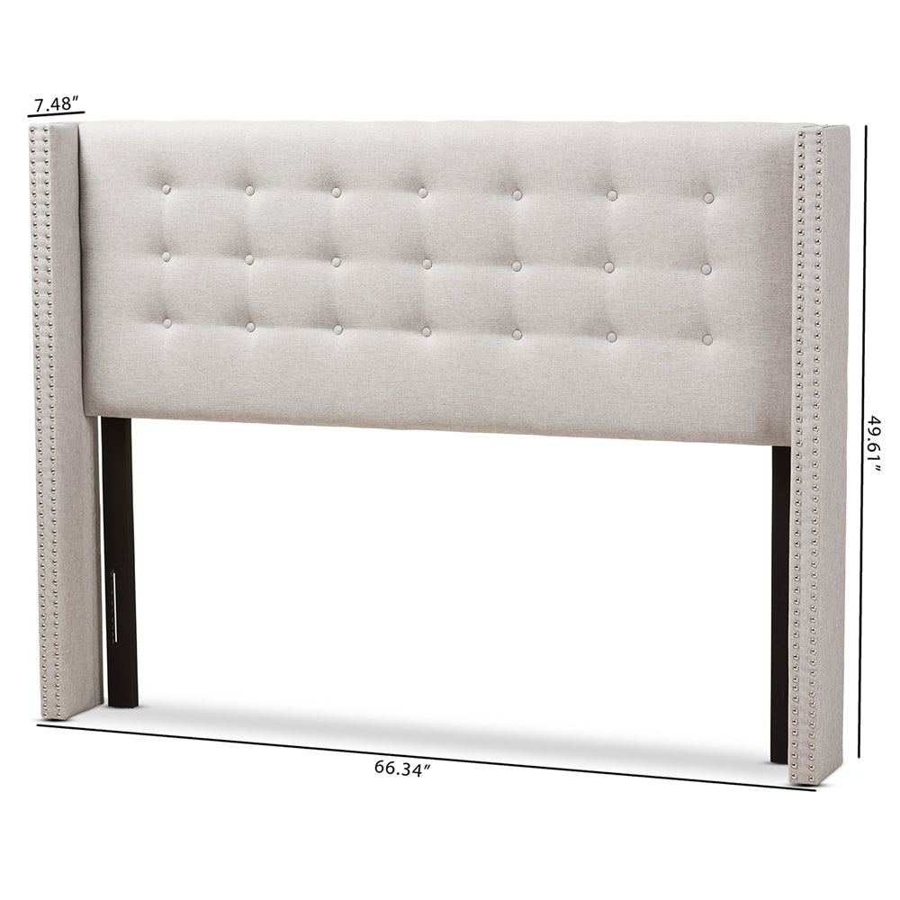 Baxton Studio Ginaro Modern And Contemporary Greyish Beige Fabric Button-Tufted Nail Head Queen Size Winged Headboard