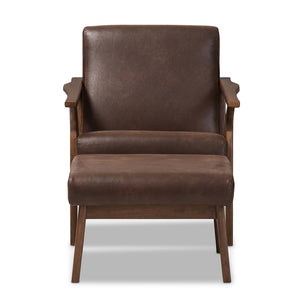 Baxton Studio Bianca Mid-Century Modern Walnut Wood Dark Brown Distressed Faux Leather Lounge Chair And Ottoman Set