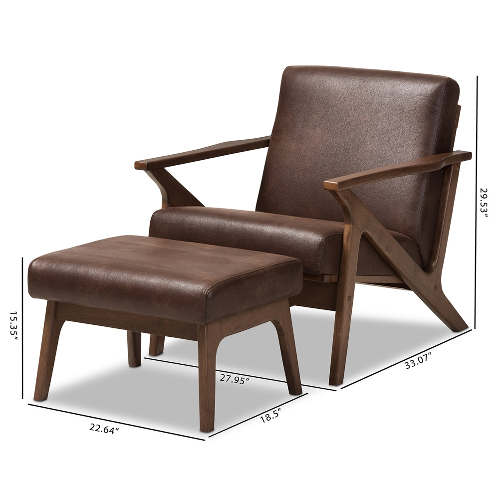 Baxton Studio Bianca Mid-Century Modern Walnut Wood Dark Brown Distressed Faux Leather Lounge Chair And Ottoman Set