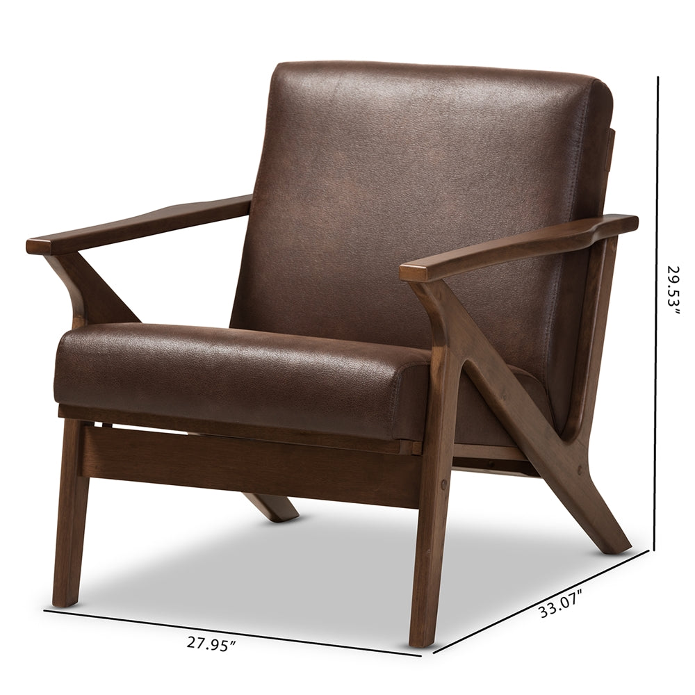 Baxton Studio Bianca Mid-Century Modern Walnut Wood Dark Brown Distressed Faux Leather Lounge Chair