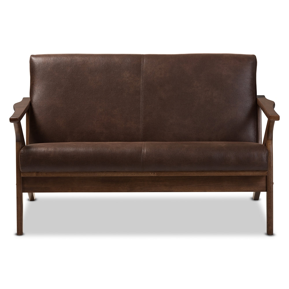 Baxton Studio Bianca Mid-Century Modern Walnut Wood Dark Brown Distressed Faux Leather 2-Seater Loveseat