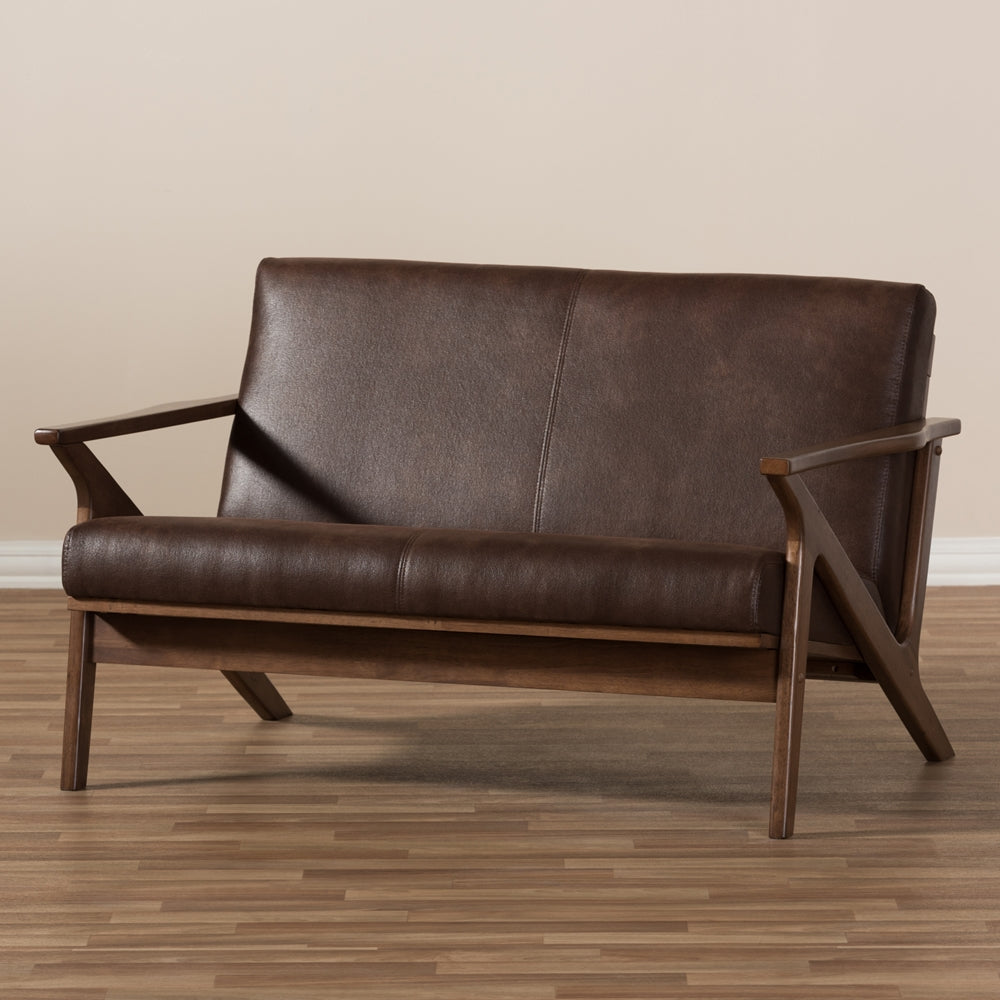 Baxton Studio Bianca Mid-Century Modern Walnut Wood Dark Brown Distressed Faux Leather 2-Seater Loveseat