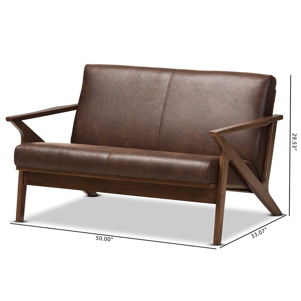 Baxton Studio Bianca Mid-Century Modern Walnut Wood Dark Brown Distressed Faux Leather 2-Seater Loveseat