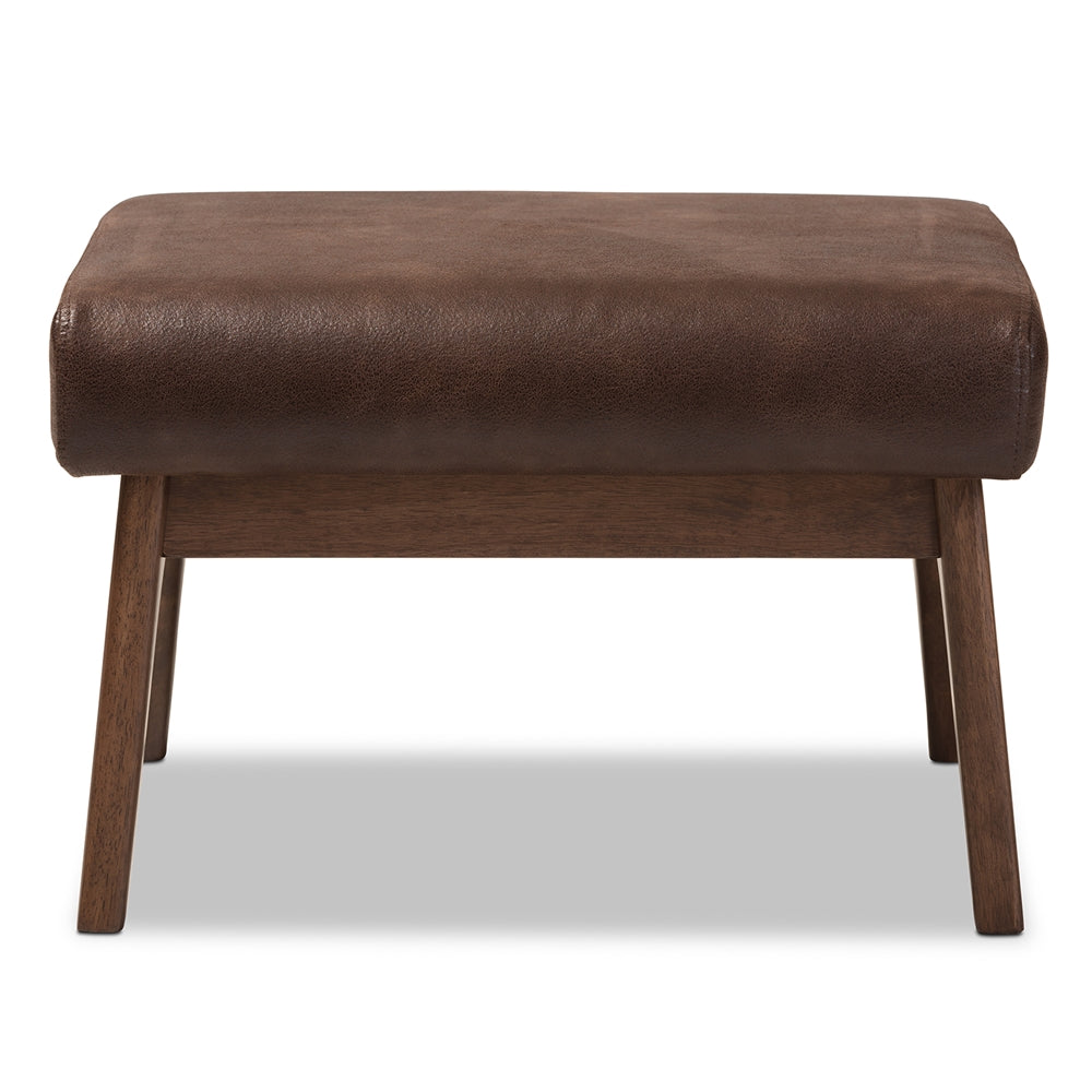 Baxton Studio Bianca Mid-Century Modern Walnut Wood Dark Brown Distressed Faux Leather Ottoman