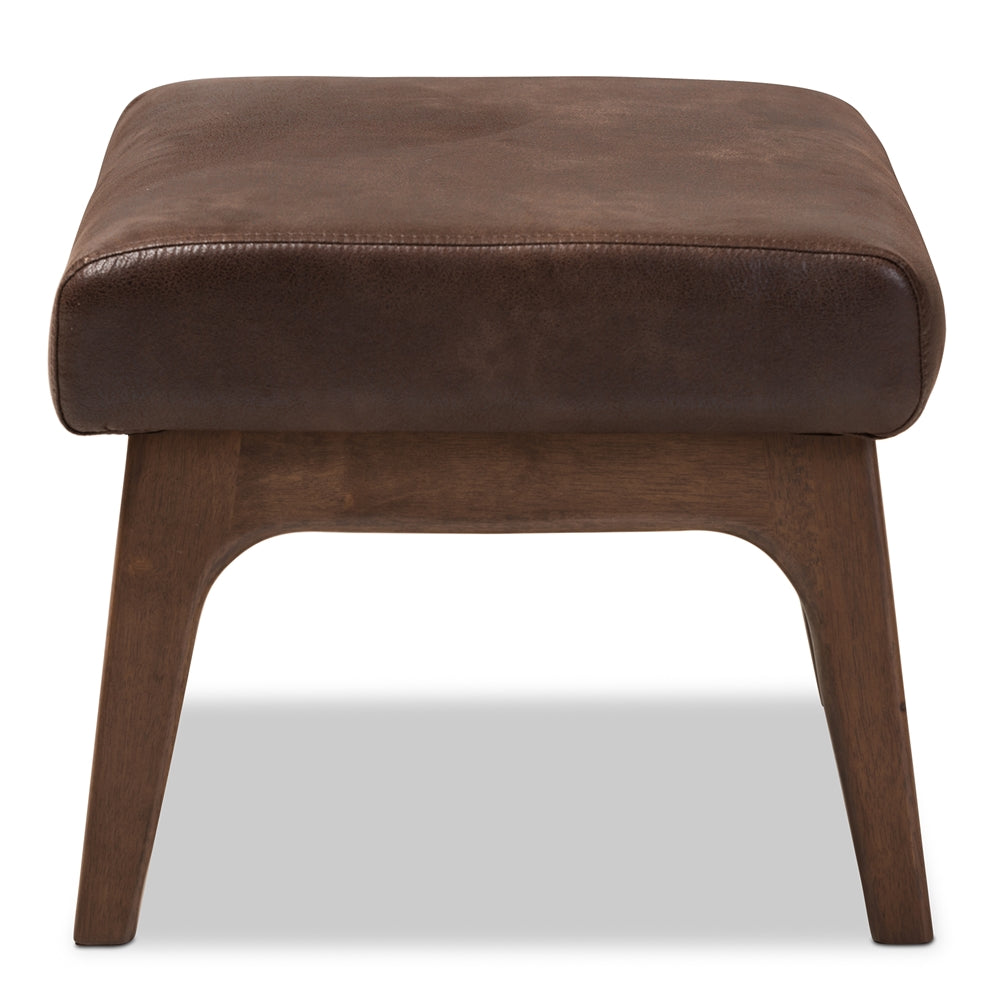 BAXTON STUDIO BIANCA MID-CENTURY MODERN WALNUT WOOD DARK BROWN DISTRESSED FAUX LEATHER OTTOMAN