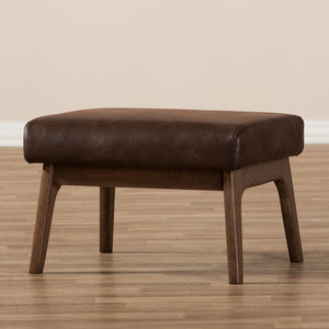 Baxton Studio Bianca Mid-Century Modern Walnut Wood Dark Brown Distressed Faux Leather Ottoman