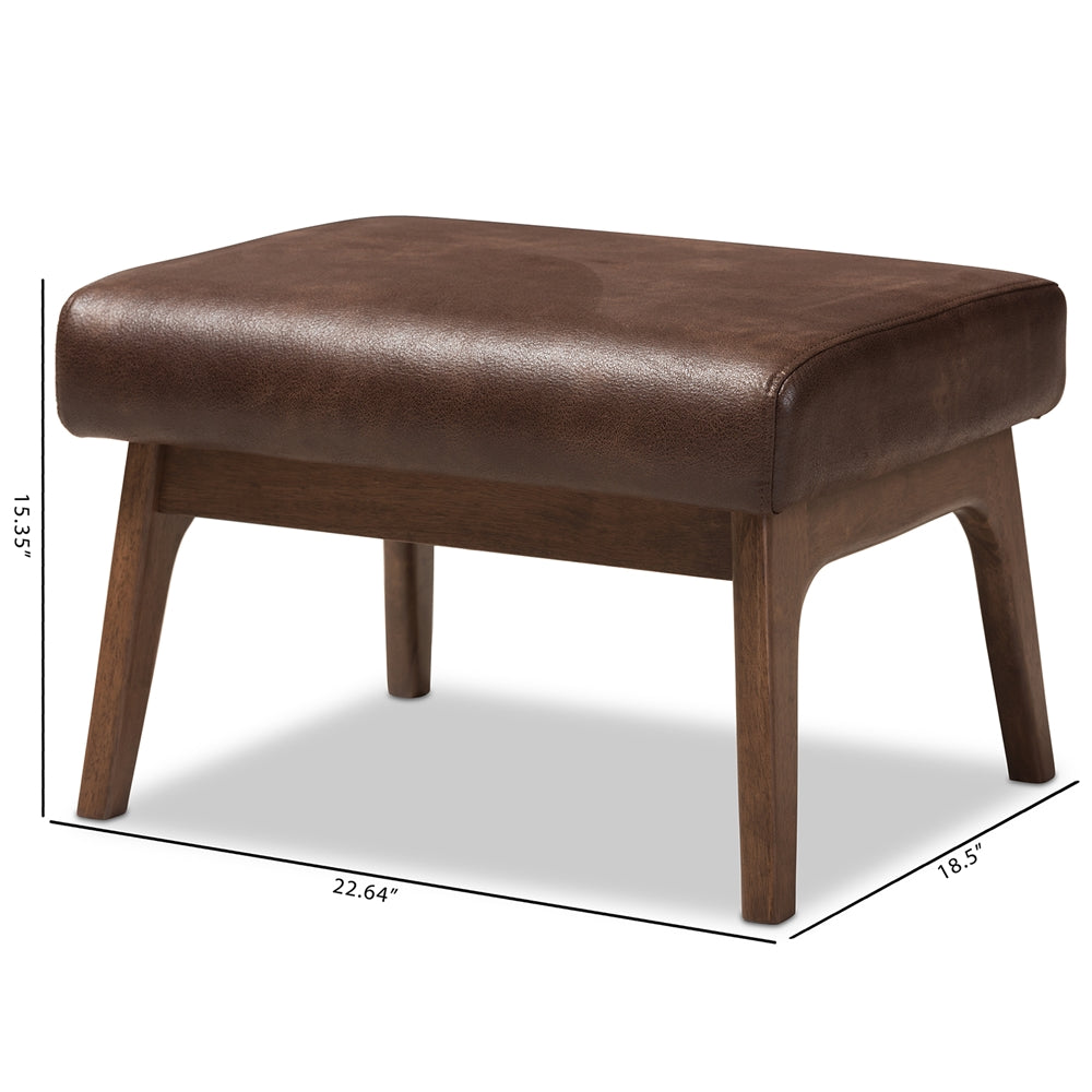 Baxton Studio Bianca Mid-Century Modern Walnut Wood Dark Brown Distressed Faux Leather Ottoman