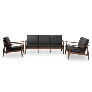 Baxton Studio Venza Mid-Century Modern Walnut Wood Faux Leather 3-Piece Livingroom Set