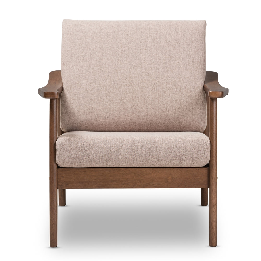 Baxton Studio Venza Mid-Century Modern Walnut Wood Light Brown Fabric Upholstered Lounge Chair