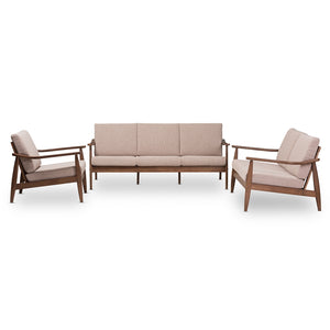 Baxton Studio Venza Mid-Century Modern Walnut Wood Fabric Upholstered 3-Piece Livingroom Set