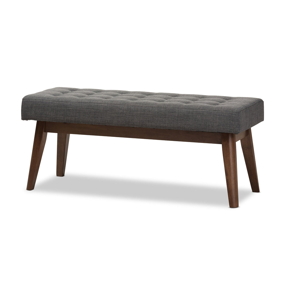 Baxton Studio Elia Mid-Century Modern Walnut Wood Fabric Button-Tufted Bench