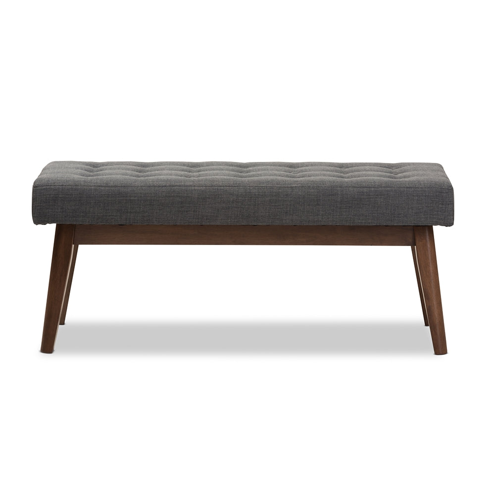 Baxton Studio Elia Mid-Century Modern Walnut Wood Fabric Button-Tufted Bench