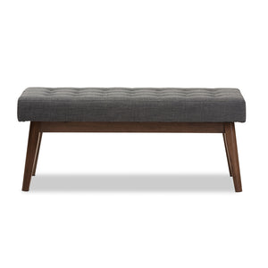 Baxton Studio Elia Mid-Century Modern Walnut Wood Fabric Button-Tufted Bench