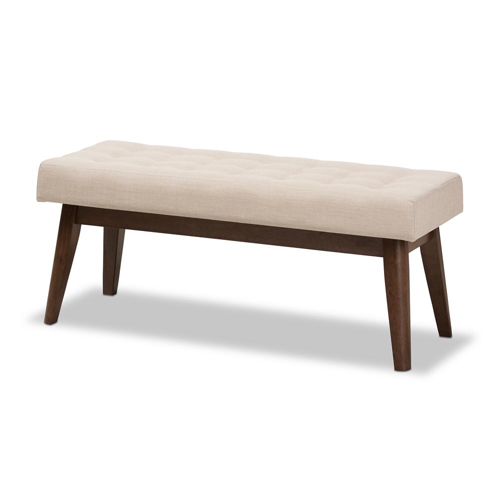 Baxton Studio Elia Mid-Century Modern Walnut Wood Fabric Button-Tufted Bench