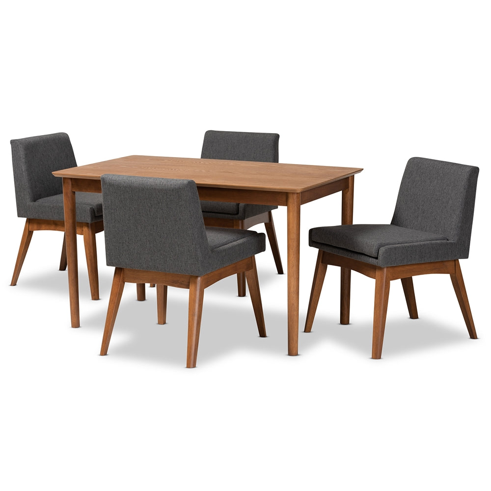 Baxton Studio Nexus Mid-Century Modern Dark Grey Fabric Upholstered And Walnut Brown Finished Wood 5-Piece Dining Set