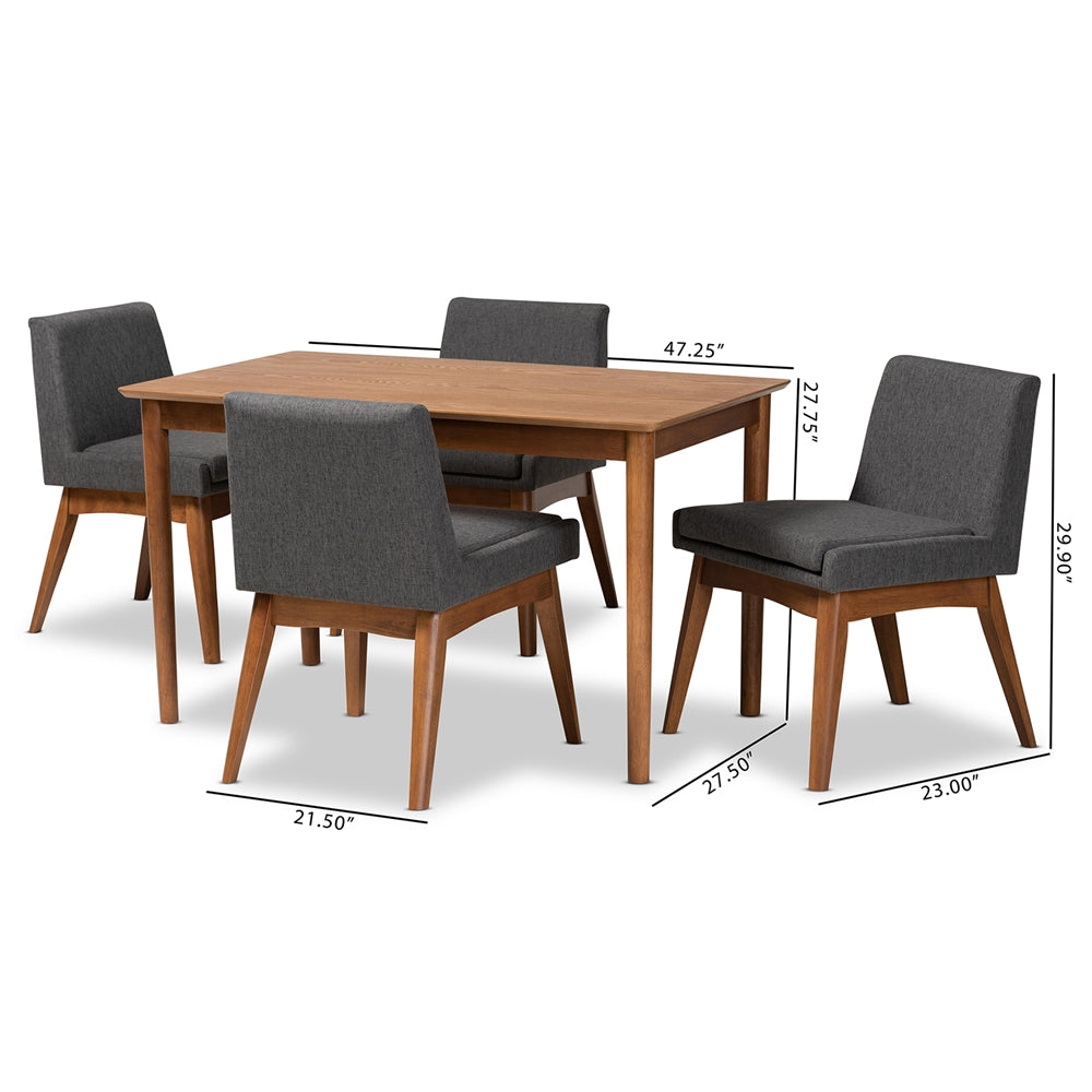 Baxton Studio Nexus Mid-Century Modern Dark Grey Fabric Upholstered And Walnut Brown Finished Wood 5-Piece Dining Set