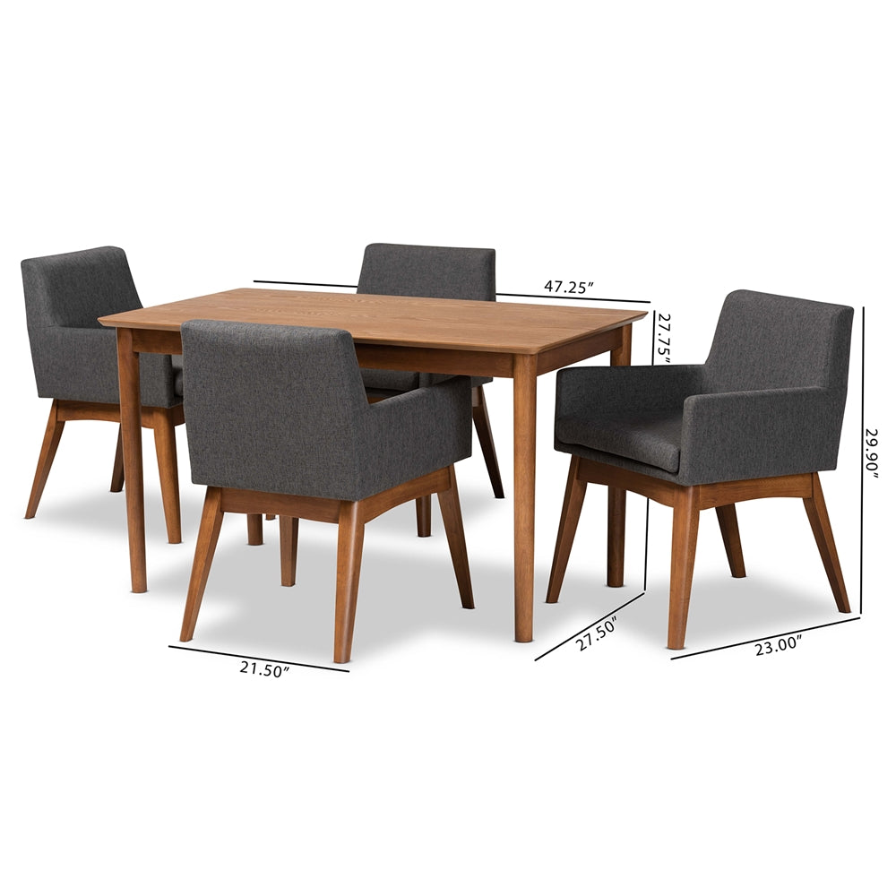 Baxton Studio Dorina Mid-Century Modern Dark Grey Fabric Upholstered And Walnut Brown Finished Wood 5-Piece Dining Set